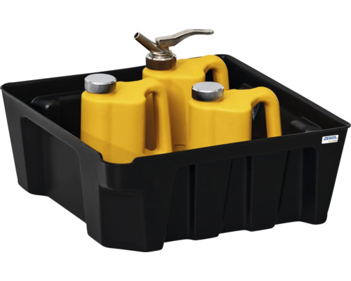 Schwarze Auffangwanne mit gelben Behältern zur sicheren Lagerung von Flüssigkeiten