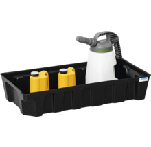 Sprühgerätehalter mit Sprühgerät und Reiniger in einer schwarzen Wanne
