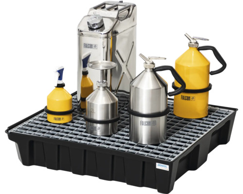 Auffangwanne mit verschiedenen Behältern für brennbare Flüssigkeiten