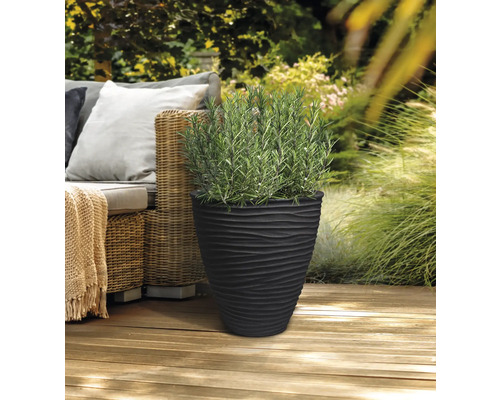 Schwarzer Pflanzkübel mit wellenförmigem Design und Rosmarinpflanze auf einer Terrasse