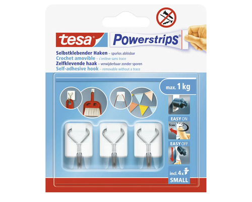 Tesa Powerstrips Haken, selbstklebend und spurlos ablösbar, inklusive vier Powerstrips