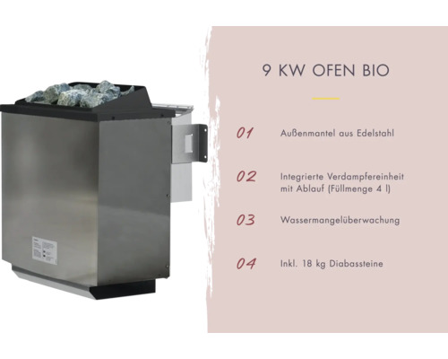 9 Kilowatt Saunaofen mit Edelstahlaussenmantel, integrierter Verdampfereinheit und 18 Kilogramm Diabassteinen