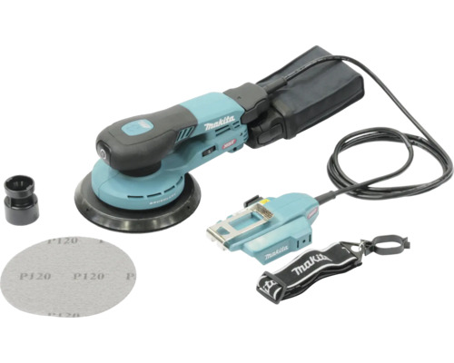 Makita Exzenterschleifer mit Schleifscheibe, Staubbeutel, Anschlussstutzen und Seitengriff