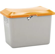 Grauer Abfallbehälter mit orangem Deckel, 200 Liter Fassungsvermögen