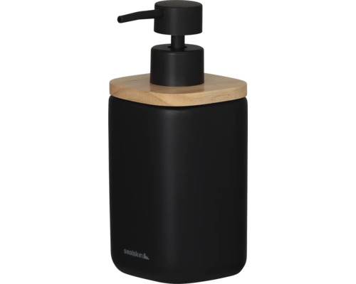 Schwarzer Seifenspender mit Holzdeckel