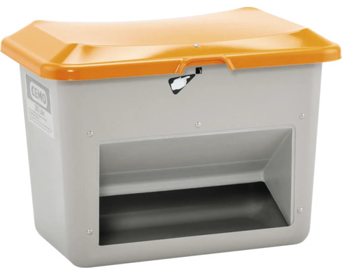 CEMO Streugutbehälter PLUS3 grau-orange mit Entnahmeöffnung 200 l Streugutbehälter mit Deckel und Entnahmeöffnung