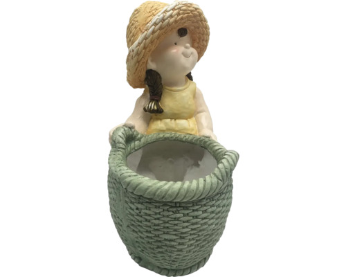 Dekorative Mädchen-Figur mit Korb als Pflanzgefäß für den Garten