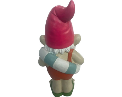 Gartenfigur Gartenzwerg mit Schwimmreifen, Rückansicht