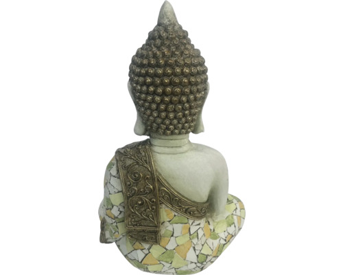Rückansicht einer Buddha Statue mit Mosaikmuster