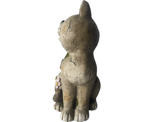Rückansicht einer Katzenfigur aus Steinguss mit Blumen