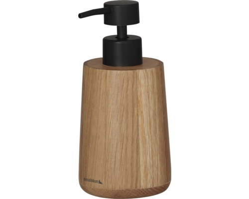 Seifenspender aus Holz mit schwarzem Spenderkopf