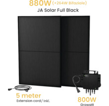 JA Solar Full Black Solarmodul mit 880 Watt, Growatt Wechselrichter mit 800 Watt und 5 Meter Verlängerungskabel