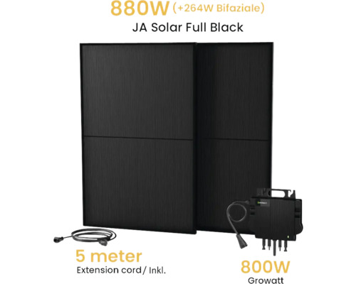 JA Solar Full Black Solarmodul mit 880 Watt, Growatt Wechselrichter mit 800 Watt und 5 Meter Verlängerungskabel