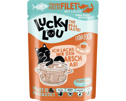 Katzenfutter nass Lucky Lou Extrafood Thunfisch und Lachs in Brühe 70g Pouchbeutel