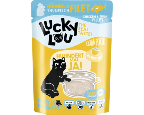 Katzenfutter nass Lucky Lou Extrafood Hühnerfilet und Thunfischfilet in Brühe 70g Pouchbeutel