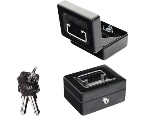 Drei Ansichten einer Geldkassette mit Schlüssel