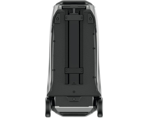 Rückansicht eines schwarzen Staubsaugers mit Rädern