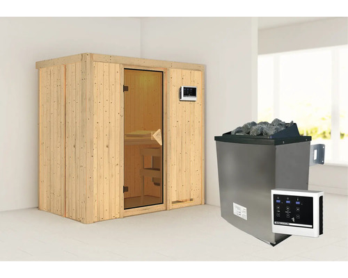 Elementsauna Karibu Mariado inkl. 9 kW Ofen u.ext.Steuerung ohne Dachkranz mit bronzierter Ganzglastüre