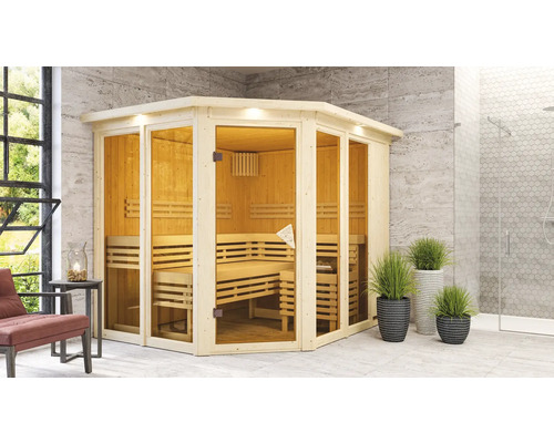 Elementsauna Karibu Mandos 3 inkl. 9 kW Ofen u.integr.Steuerung mit Dachkranz und bronzierter Ganzglastüre Elementsauna Karibu Mandos 3 inkl. 9 kW Ofen u.integr.Steuerung mit Dachkranz und bronzierter Ganzglastüre