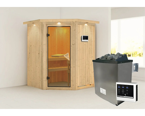 Elementsauna Karibu Callinan inkl. 9 kW Ofen u.ext.Steuerung mit Dachkranz und bronzierter Ganzglastüre