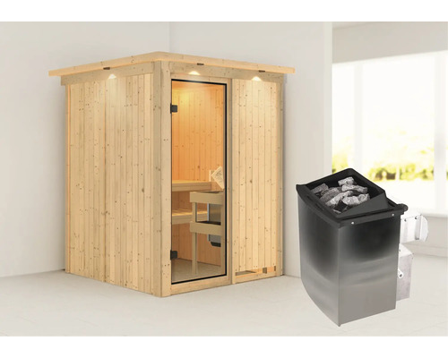 Elementsauna Karibu Norina inkl. 9 kW Ofen u.integr.Steuerung mit Dachkranz und bronzierter Ganzglastüre