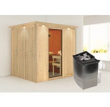 Elementsauna Karibu Sodina inkl. 9 kW Ofen u.integr.Steuerung und Dachkranz mit bronzierter Ganzglastüre