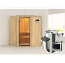 Plug & Play Sauna Karibu Kanja inkl. 3,6 kW Ofen u.ext.Steuerung ohne Dachkranz mit bronzierter Ganzglastüre
