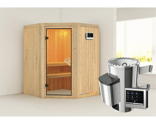 Plug & Play Sauna Karibu Kanja inkl. 3,6 kW Ofen u.ext.Steuerung ohne Dachkranz mit bronzierter Ganzglastüre