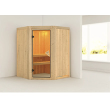 Plug & Play Sauna Karibu Kanja ohne Ofen und Dachkranz mit bronzierter Ganzglastüre