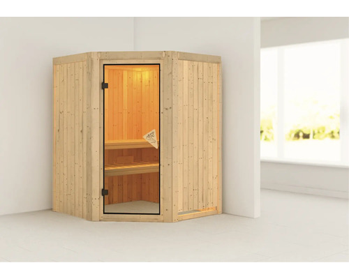 Plug & Play Sauna Karibu Kanja ohne Ofen und Dachkranz mit bronzierter Ganzglastüre