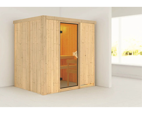 Plug & Play Sauna Karibu Wanja ohne Ofen und Dachkranz mit bronzierter Ganzglastüre