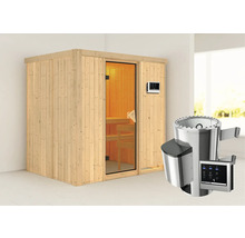 Plug & Play Sauna Karibu Wanja inkl. 3,6 kW Ofen u.ext.Steuerung ohne Dachkranz mit bronzierter Ganzglastüre