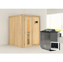 Elementsauna Karibu Norina inkl. 9 kW Bio Ofen u.ext.Steuerung ohne Dachkranz mit Holztüre und Isolierglas wärmegedämmt