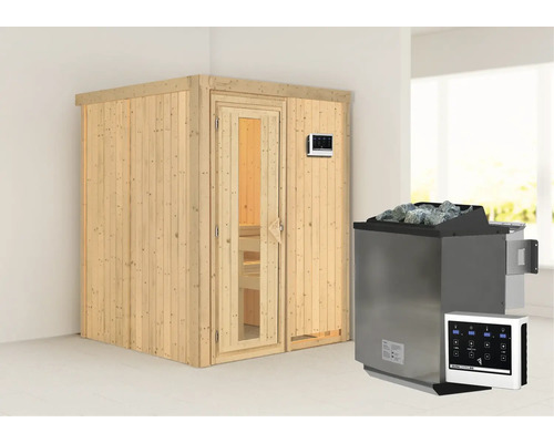 Elementsauna Karibu Norina inkl. 9 kW Bio Ofen u.ext.Steuerung ohne Dachkranz mit Holztüre und Isolierglas wärmegedämmt