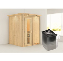 Elementsauna Karibu Norina inkl. 9 kW Ofen u.integr.Steuerung mit Dachkranz und Holztüre mit Isolierglas wärmegedämmt