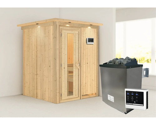 Elementsauna Karibu Norina inkl. 9 kW Ofen u.ext.Steuerung mit Dachkranz und Holztüre mit Isolierglas wärmegedämmt