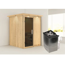 Elementsauna Karibu Norina inkl. 9 kW Ofen u.integr.Steuerung mit Dachkranz und graphitfarbeneer Ganzglastüre