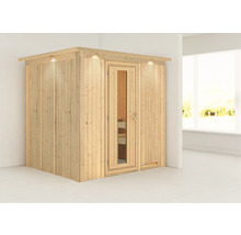 Holzsauna mit Glastür und integrierter Beleuchtung