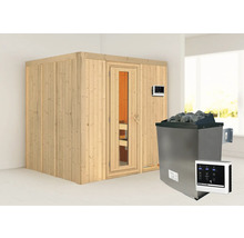 Elementsauna Karibu Sodina inkl. 9 kW Ofen u.ext.Steuerung ohne Dachkranz mit Holztüre und Isolierglas wärmegedämmt