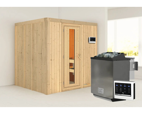 Elementsauna Karibu Sodina inkl. 9 kW Bio Ofen u.ext.Steuerung ohne Dachkranz mit Holztüre und Isolierglas wärmegedämmt