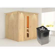 Elementsauna Karibu Sodina inkl. 9 kW Ofen u.integr.Steuerung mit Dachkranz und Holztüre mit Isolierglas wärmegedämmt
