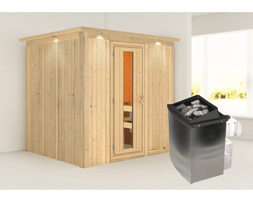 Elementsauna Karibu Sodina inkl. 9 kW Ofen u.integr.Steuerung mit Dachkranz und Holztüre mit Isolierglas wärmegedämmt