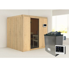 Holzsauna mit Glastür und Saunaofen mit Steinen