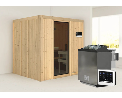 Elementsauna Karibu Sodina inkl. 9 kW Bio Ofen u.ext.Steuerung ohne Dachkranz mit graphitfarbiger Ganzglastüre