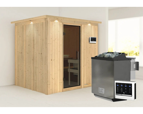 Elementsauna Karibu Sodina inkl. 9 kW Bio Ofen u.ext.Steuerung mit Dachkranz und graphitfarbiger Ganzglastüre