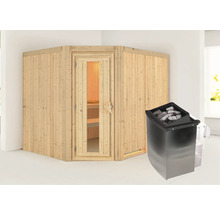 Ecksauna aus Holz mit Saunaofen und Saunasteinen