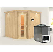 Elementsauna Karibu Malina inkl. 9 kW Bio Ofen u.ext.Steuerung mit Dachkranz und Holztüre mit Isolierglas wärmegedämmt
