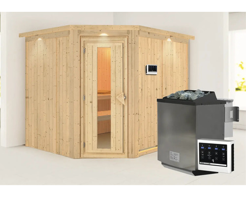 Elementsauna Karibu Malina inkl. 9 kW Bio Ofen u.ext.Steuerung mit Dachkranz und Holztüre mit Isolierglas wärmegedämmt