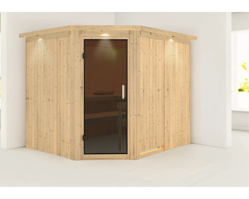 Elementsauna Karibu Malina ohne Ofen mit Dachkranz und graphitfarbiger Ganzglastüre Elementsauna Karibu Malina ohne Ofen mit Dachkranz und graphitfarbiger Ganzglastüre