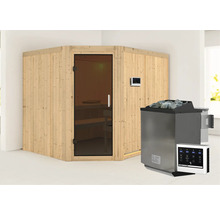 Elementsauna Karibu Malina inkl. 9 kW Bio Ofen u.ext.Steuerung ohne Dachkranz mit graphitfarbeneer Ganzglastüre